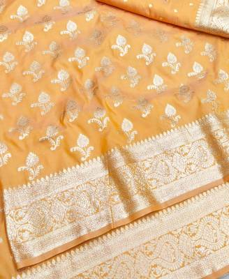 Orange zari woven silk blend saree with blouse piece 3