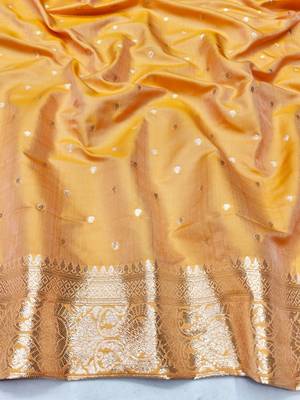 Orange zari woven silk blend saree with blouse piece 4