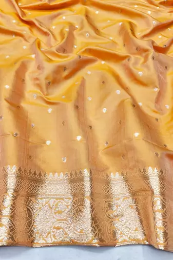 Orange zari woven silk blend saree with blouse piece