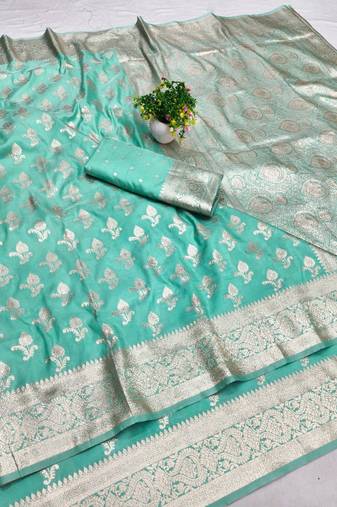 Blue zari woven banarasi silk blend saree with blouse piece