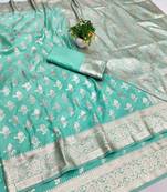 Blue zari woven banarasi silk blend saree with blouse piece