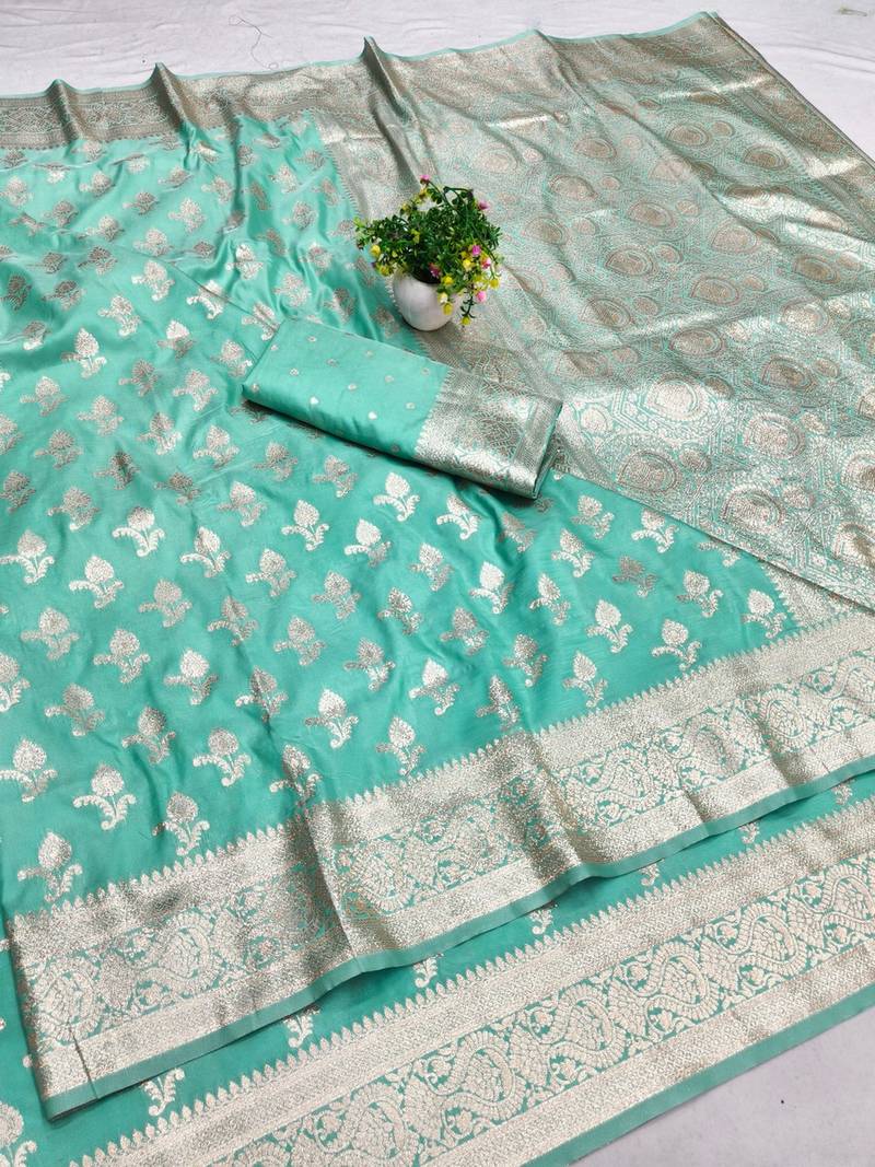 Blue zari woven banarasi silk blend saree with blouse piece