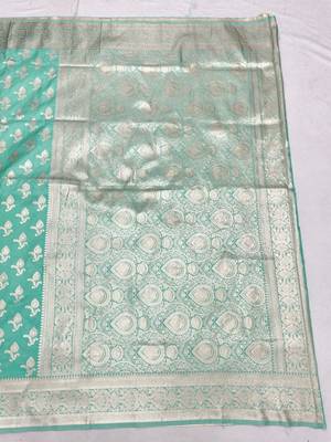 Blue zari woven silk blend saree with blouse piece 2