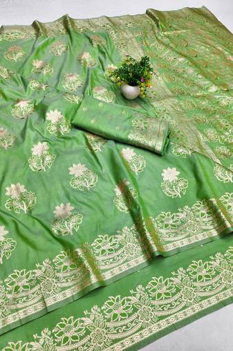 Green zari woven banarasi silk blend saree with blouse piece