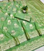 Green zari woven banarasi silk blend saree with blouse piece