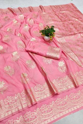 Pink zari woven silk blend saree with blouse piece
