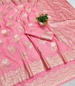 Pink zari woven banarasi silk blend saree with blouse piece