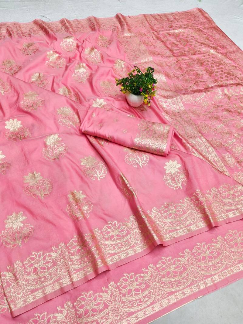 Pink zari woven banarasi silk blend saree with blouse piece