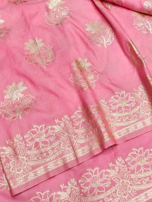 Pink zari woven silk blend saree with blouse piece 3