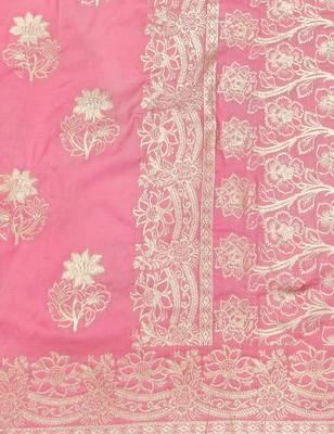 Pink zari woven silk blend saree with blouse piece 5
