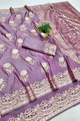 Purple zari woven banarasi silk blend saree with blouse piece