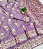 Purple zari woven banarasi silk blend saree with blouse piece