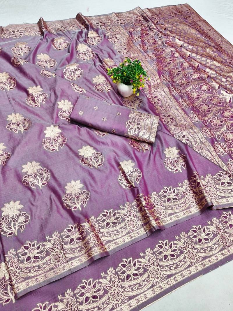 Purple zari woven banarasi silk blend saree with blouse piece