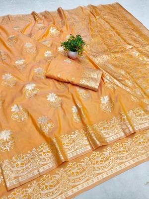 Orange zari woven silk blend saree with blouse piece 1