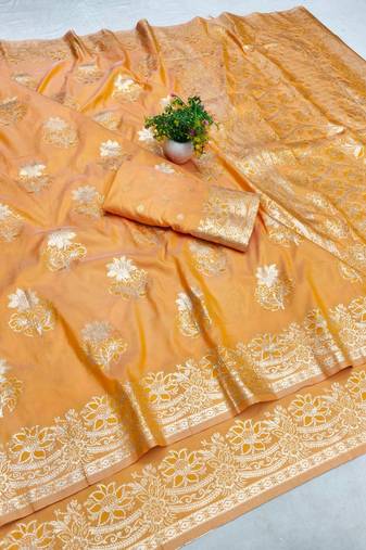 Orange zari woven banarasi silk blend saree with blouse piece