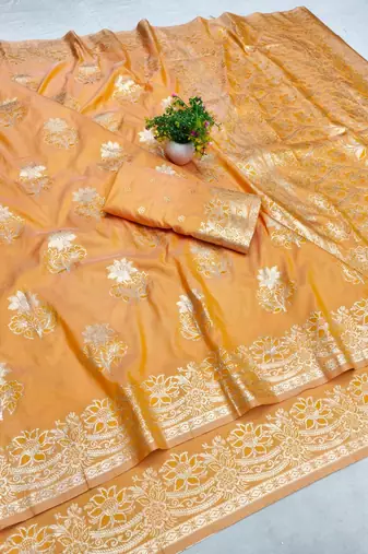 Orange zari woven banarasi silk blend saree with blouse piece