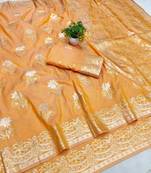 Orange zari woven banarasi silk blend saree with blouse piece