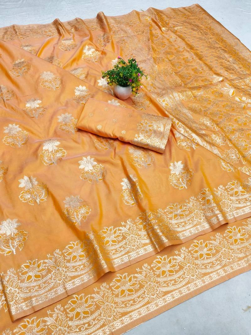 Orange zari woven banarasi silk blend saree with blouse piece