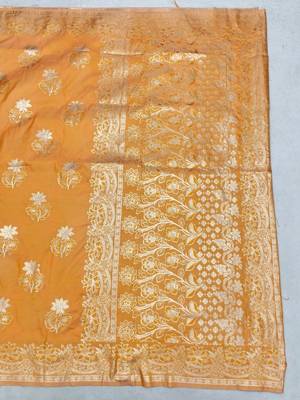Orange zari woven silk blend saree with blouse piece 2