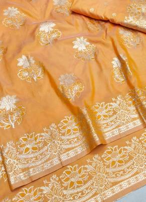 Orange zari woven silk blend saree with blouse piece 3