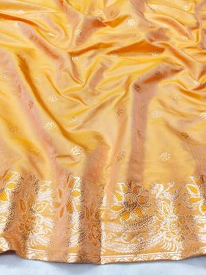 Orange zari woven silk blend saree with blouse piece 4