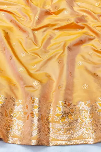 Orange zari woven silk blend saree with blouse piece