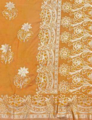 Orange zari woven silk blend saree with blouse piece 5