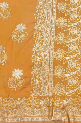 Orange zari woven silk blend saree with blouse piece