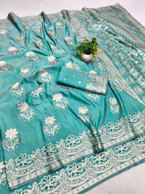 Blue zari woven silk blend saree with blouse piece 1