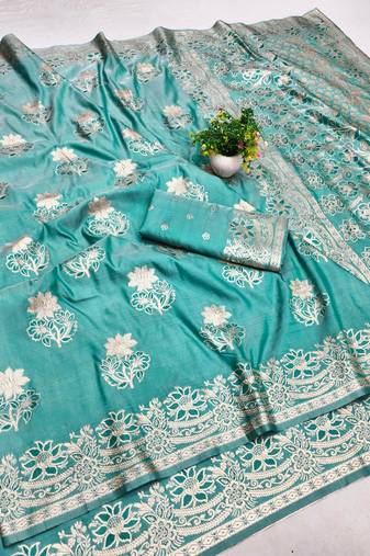 Blue zari woven banarasi silk blend saree with blouse piece