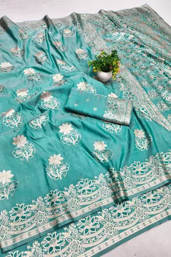 Blue zari woven banarasi silk blend saree with blouse piece