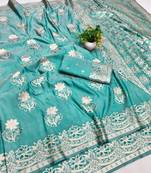 Blue zari woven banarasi silk blend saree with blouse piece