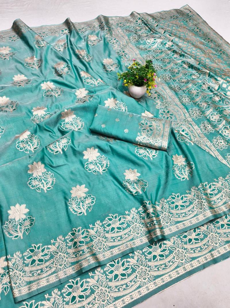 Blue zari woven banarasi silk blend saree with blouse piece