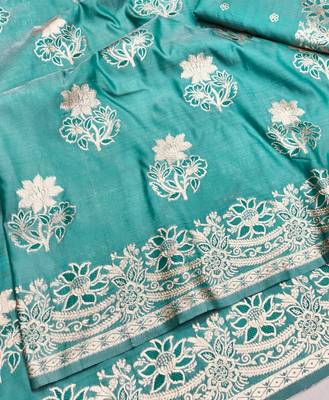 Blue zari woven silk blend saree with blouse piece 3