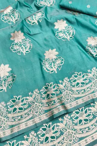 Blue zari woven silk blend saree with blouse piece