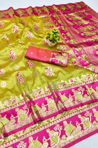 Lime zari woven baluchari silk blend saree with blouse piece