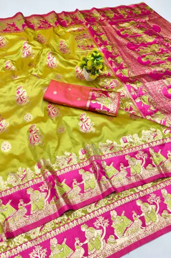 Lime zari woven baluchari silk blend saree with blouse piece