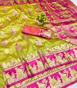 Lime zari woven baluchari silk blend saree with blouse piece