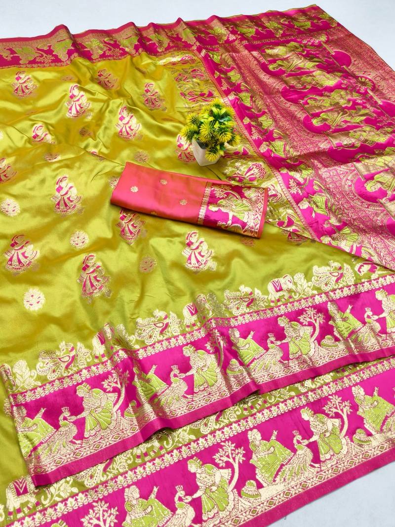 Lime zari woven baluchari silk blend saree with blouse piece