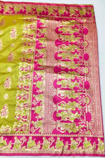 Lime zari woven silk blend saree with blouse piece
