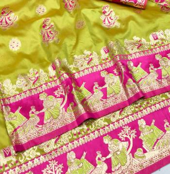 Lime zari woven silk blend saree with blouse piece 3