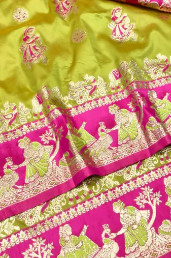 Lime zari woven silk blend saree with blouse piece