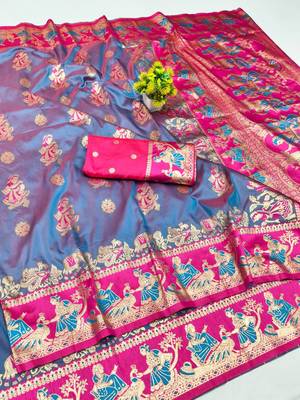 Light purple zari woven silk blend saree with blouse piece 1