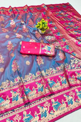 Light purple zari woven baluchari silk blend saree with blouse piece