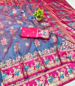 Light purple zari woven baluchari silk blend saree with blouse piece