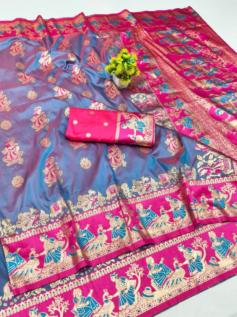 Light purple zari woven baluchari silk blend saree with blouse piece