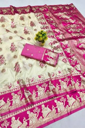 Cream zari woven baluchari silk blend saree with blouse piece