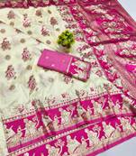 Cream zari woven baluchari silk blend saree with blouse piece
