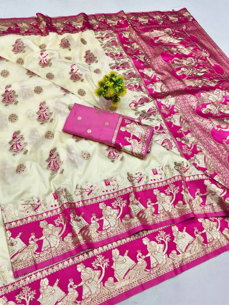 Cream zari woven baluchari silk blend saree with blouse piece