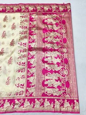 Cream zari woven silk blend saree with blouse piece 2